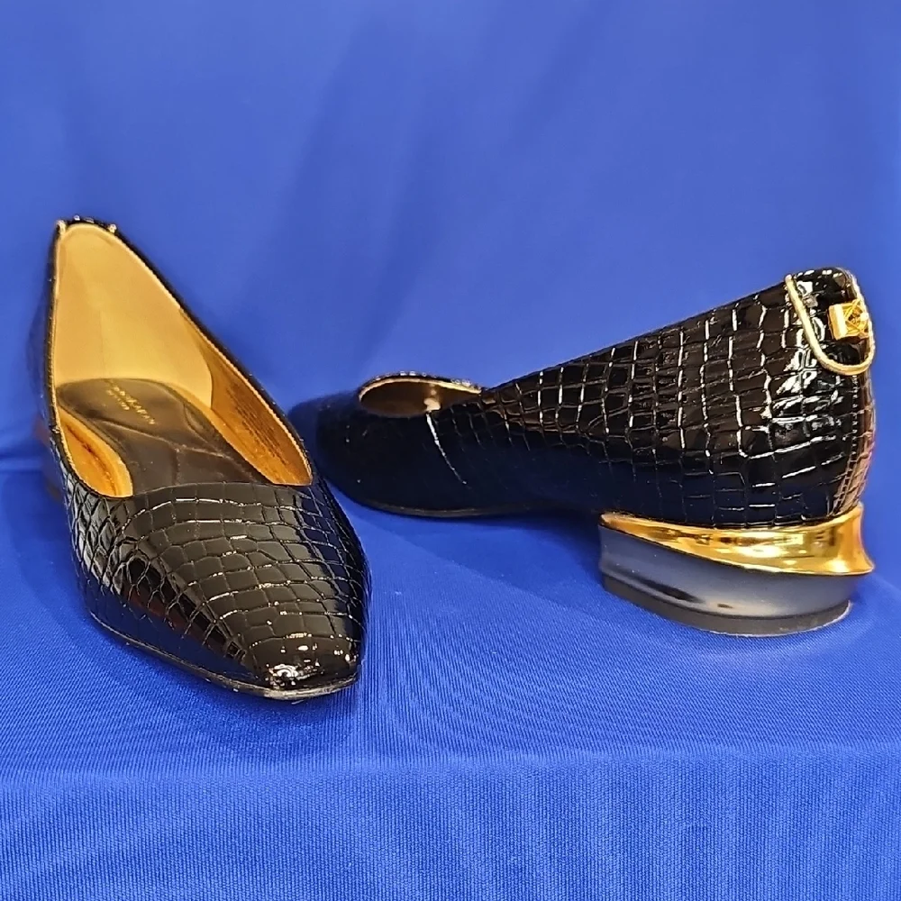 Donna Kara Savita Snip Toe Croc Embossed Flat Black Gold Size 7 - Picture 2 of 12
